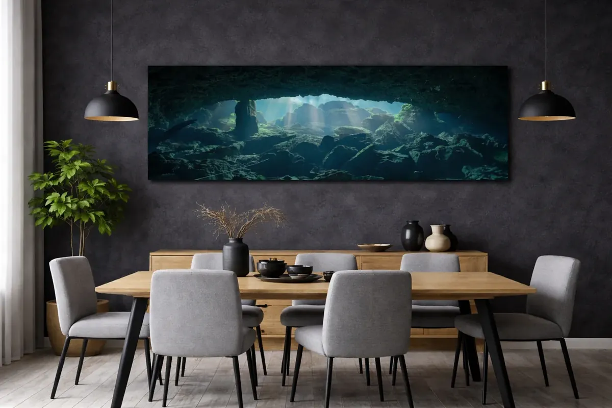 Peacock 1 Panorama as a panorama print on a dining room wall